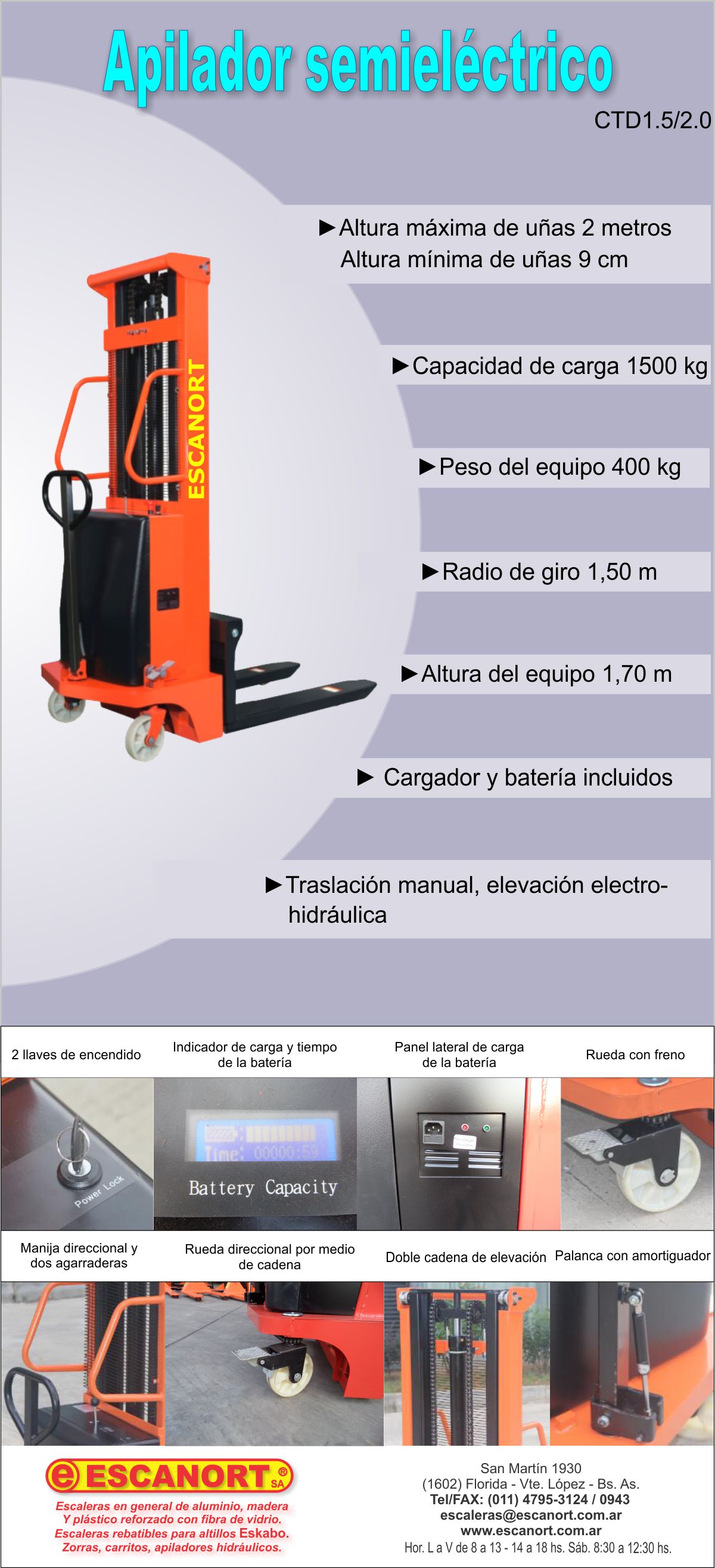 apilador elevador semi electrico 1500 kg 2000 mm